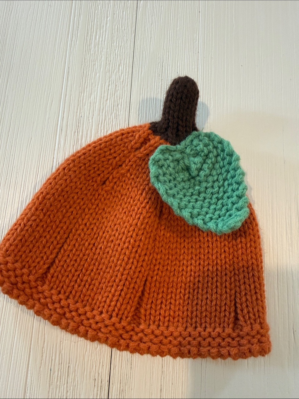 Knit Pumpkin Beanie with Green Leaf